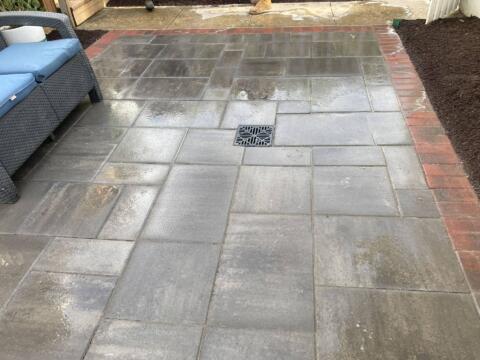 Clean, wet concrete patio with a drain, bordered by red bricks and garden beds.