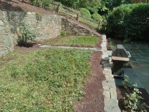 Lush green landscape with stone retaining wall, garden bed, and patio at Tenleytown Lawn & Landscape.