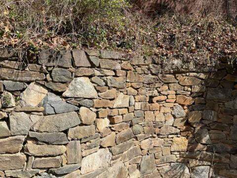 Rough stone retaining wall with natural stacked rocks and some overgrown plants at the top.