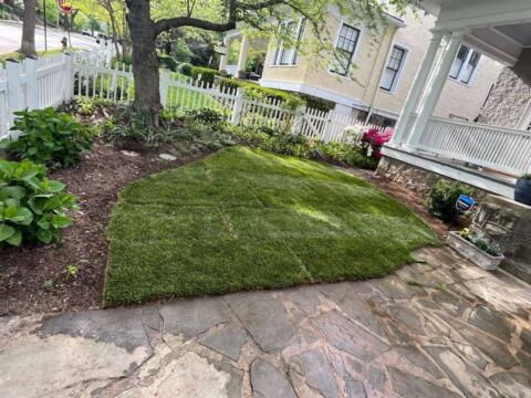 Lush green lawn with mature tree and landscaped garden near porch, with white picket fence in the background.