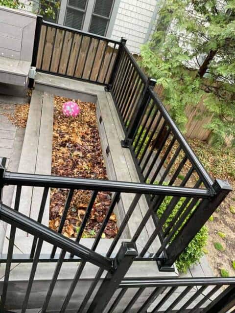 Colorful pink ball resting on a bed of fallen autumn leaves on a modern outdoor deck with black metal railing.